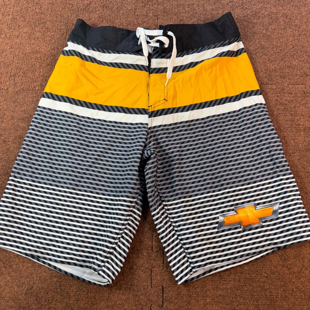 Chevrolet GM Mens Striped Board Shorts Yellow Black White Chevy Bowtie Size S